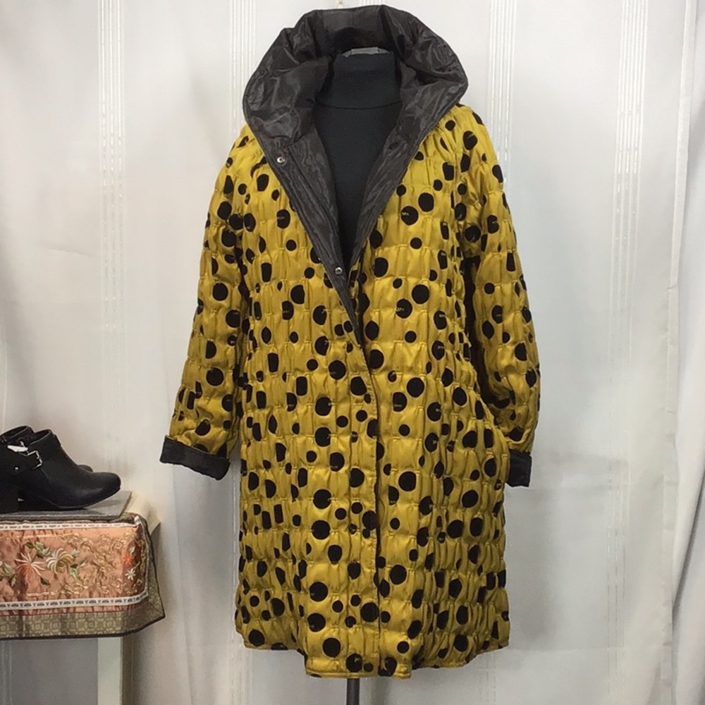 ⚫️ UbU Reversible Gold Black Flocked Dots Pockets Quilted Hoodie Coat Sz XL
